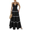 New Color Block V-neck Halter Sexy Vacation Style Tiered Cake Dress For Women