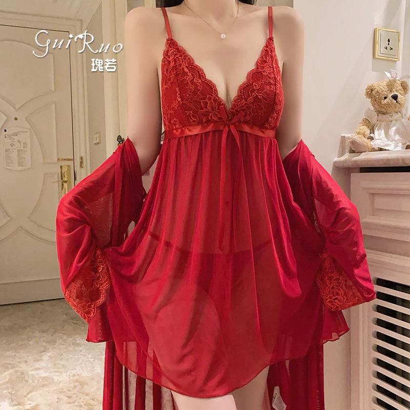Women's Lace Sheer Mesh Sleep Dress with Robe Lounge Set