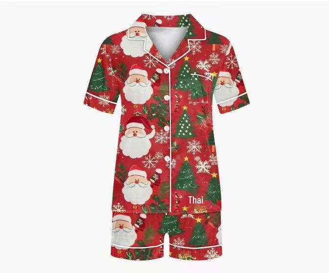 2025 Grenzüberschreitender Weihnachts-Pyjama: Druck Umlegekragen Kurzarm Shorts Hausanzug Set.