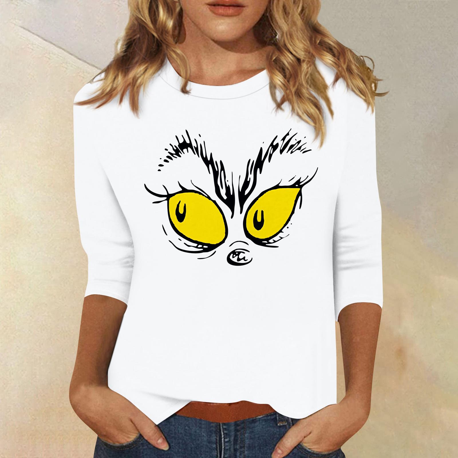 

3/4 рукава топы для женщин футболка повседневные рождественские принты топы футболка круглый вырез пуловер блузка XL белый