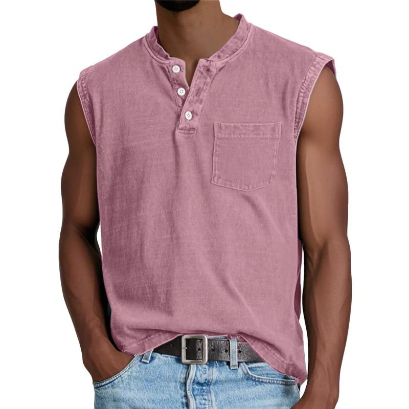 Herren gewaschenes Henley ärmelloses Tanktop lässig V-Ausschnitt einfarbig Muskelshirt mit Brusttasche