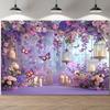 1 Piece Modern Polyester Butterfly and Floral Photography Background, Durable Spring Purple and Pink Trim