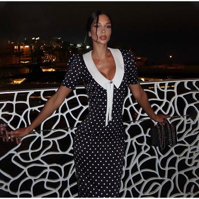 Women's Polka Dot Print Patchwork Dress with Print Decoration for Summer New Style Slim Fit Temperament Women's Waist Cinched Mid Length Dress