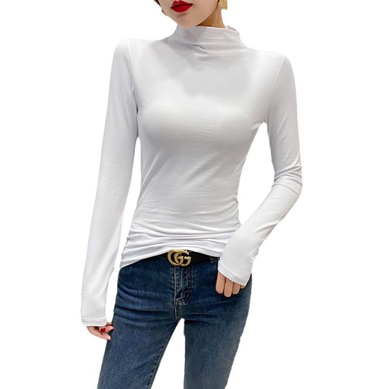 

Бархатная Утепленная Немецкий Бархат Базовая Футболка Однотонная Полувысокая Горловина Приталенная Внутренняя Одежда Новый Теплый Топ с Длинным Рукавом для Женщин XL