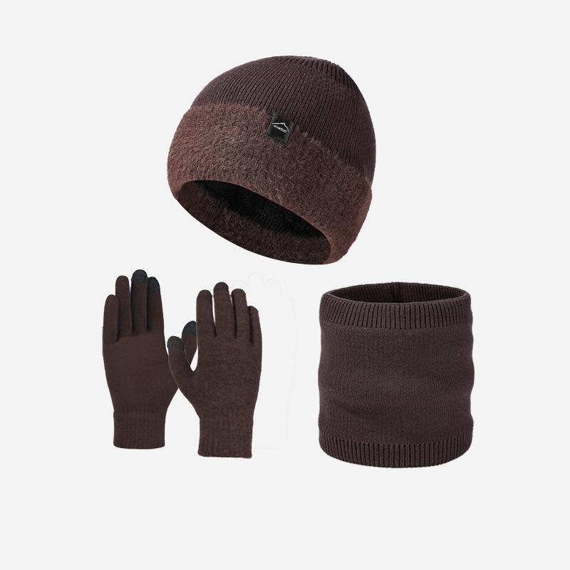 Winter Men's Knitted Hat Scarf Gloves Warm-Keeping Kit Large-Head Velvet Thick Wool Hat