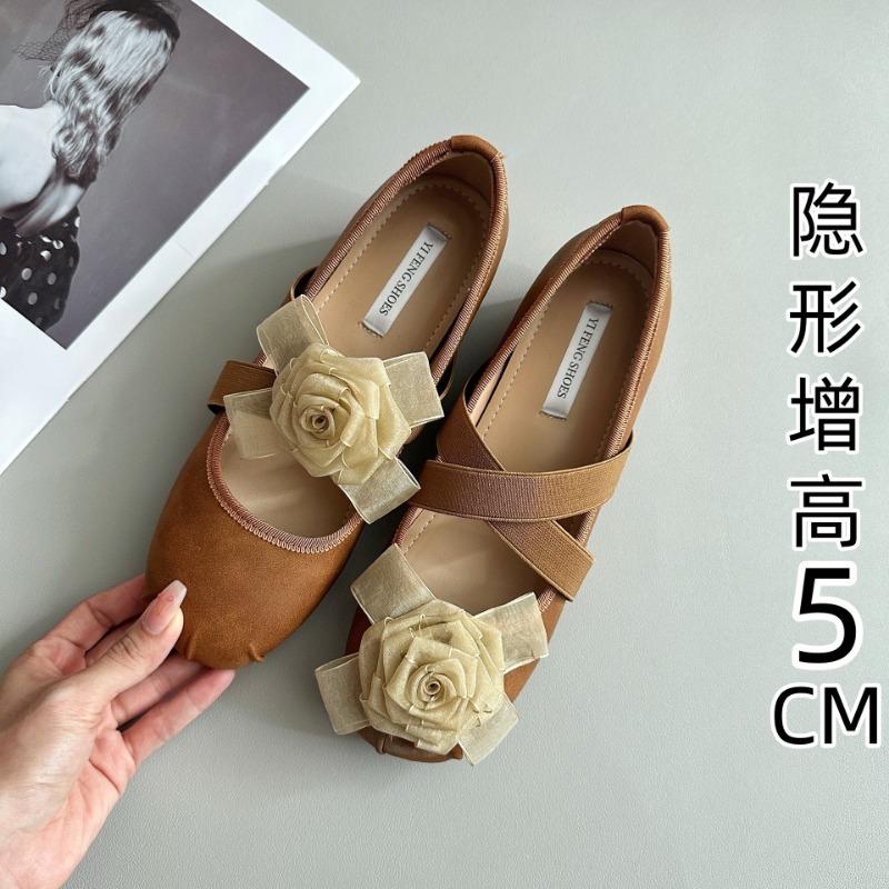 Sheepskin version inner height-increasing shoes genuine leather retro camellia shallow mouth single shoes female pig nose cross belt Mary Jane shoes