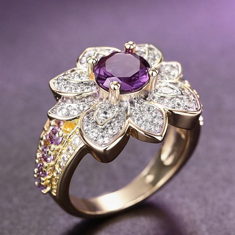Huitan Gentle Flower Shaped Women Ring Luxury Wedding Engagement Inlaid Shiny Purple CZ Party Fashion Accessories Jewelry Gift