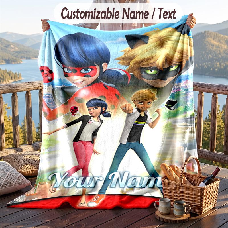 Miraculous Ladybug Flannel Blanket, Personalized Custom Name Text, Soft Warm Plush Throw Blanket For Gift