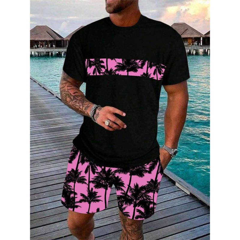 Men's Short Sleeve Shorts Set Beach Resort Style Stylish T-Shirt and Drawstring Shorts 2 Piece Hawaiian Men's Casual Wear Set
