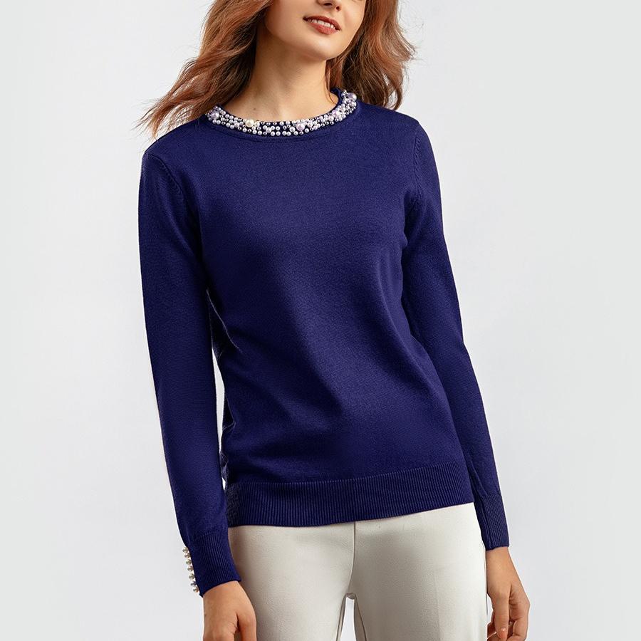 Autumn Winter Women's Crew Neck Beaded Pullover Sweater Long Sleeve Loose Solid Color Stretchy Knit Sweater