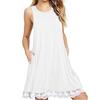 Lady Sundress with Side Pockets Lace Trim Hem A-line Sleeveless Round Neck Solid Color Mini Dress Summer Short Dress for Beach Dating Daily Wear