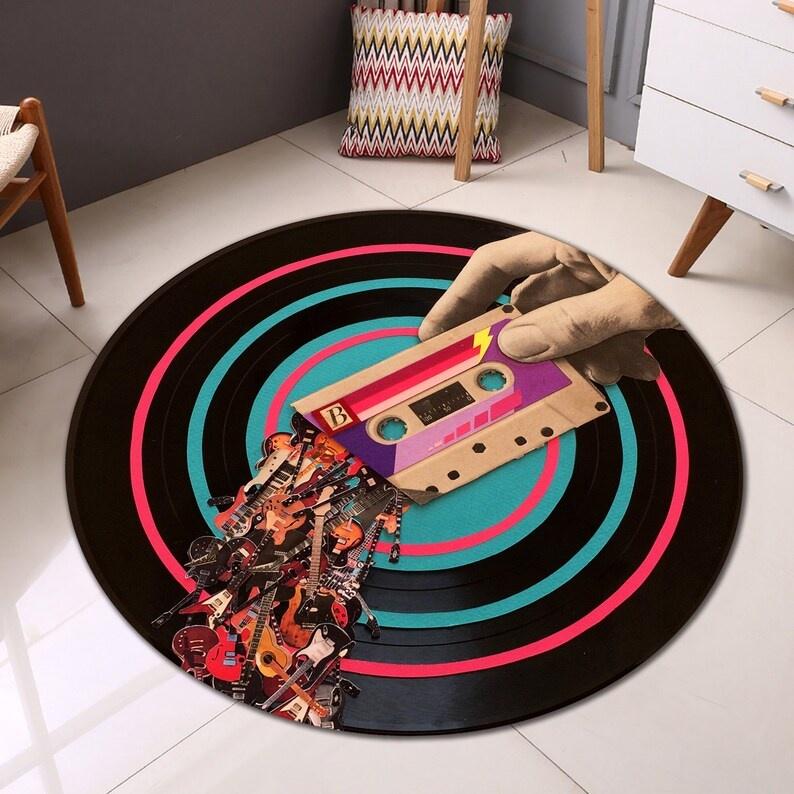 

Colorful Record Circular Carpet Retro Music Carpet Shiny CD Film Floor Mat 90s Nostalgic Style Fashionable Interior Design Rug 60cmx60cm