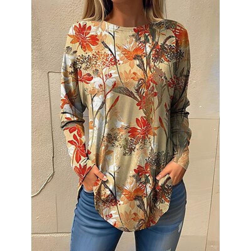 Women's T shirt Tee Animal Daily Weekend White Navy Blue Blue Print Long Sleeve Fashion Round Neck Regular Fit Spring &  Fall