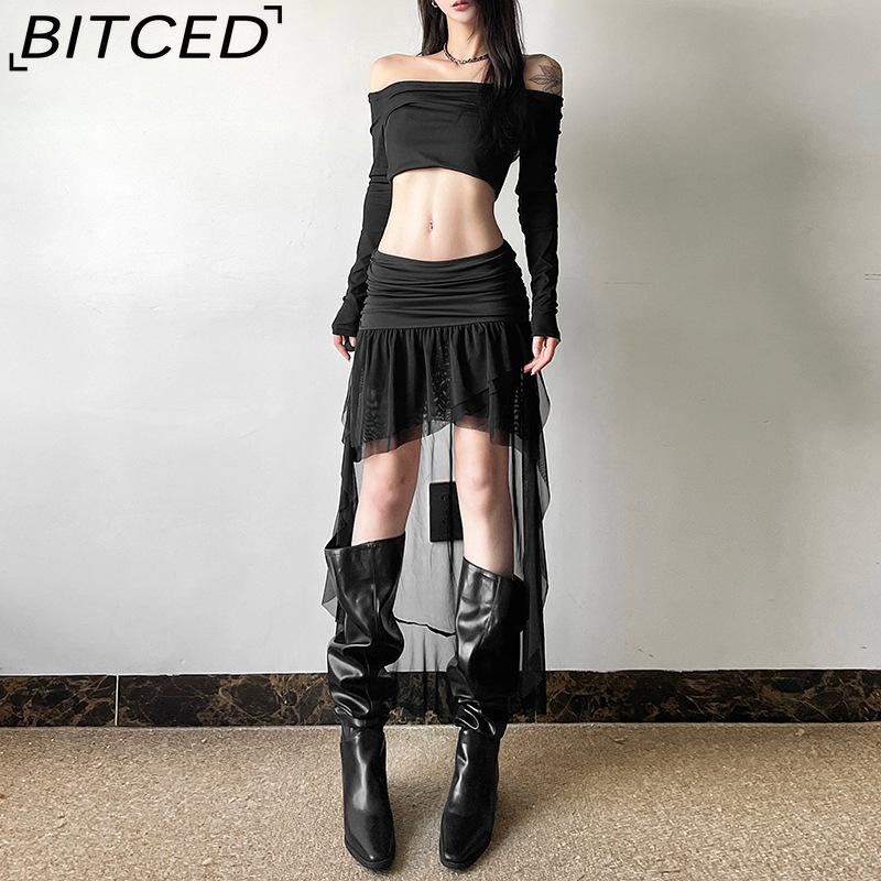 BITCED Fall Solid Color High-Waisted Sexy Mesh Ribbon Short Skirt for Women