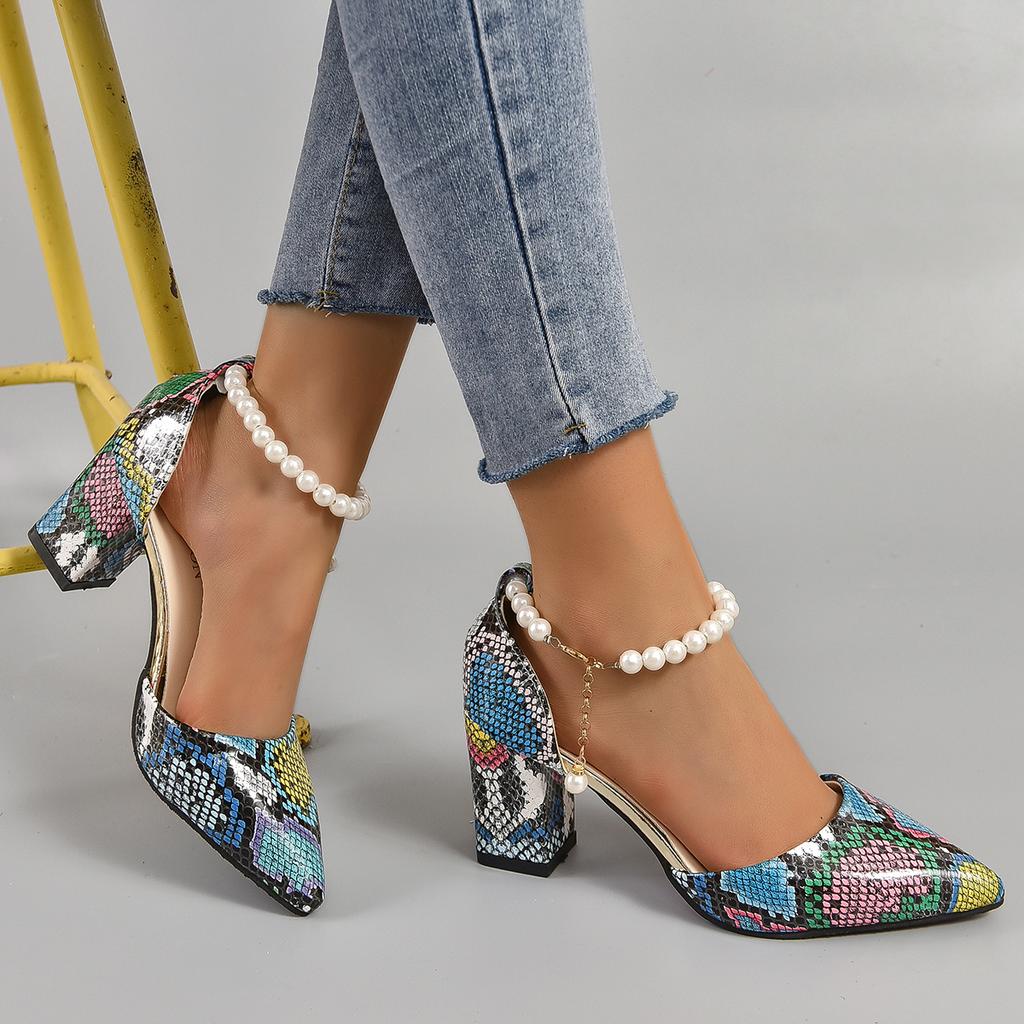Fashion Aphixta Snake Pattern High Heel Sandals Summer Elegance Retro Women's Square Heel Sandals Size 33-46 Pearl Chain Design