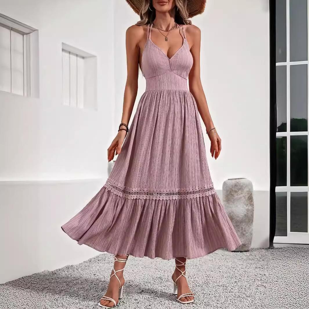 Летнее платье на бретельках в праздничном стиле легкая роскошь с воротником-листом повседневная длинная юбка женская высокого класса S