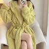 Women's Solid Color Jacquard Flannel Nightdress and Bathrobe - Thick Coral Fleece Lace-Up Pajamas for Autumn and Winter