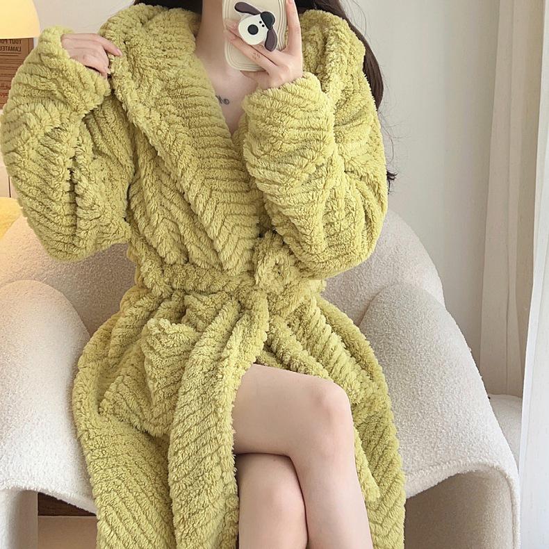 Women's Solid Color Jacquard Flannel Nightdress and Bathrobe - Thick Coral Fleece Lace-Up Pajamas for Autumn and Winter