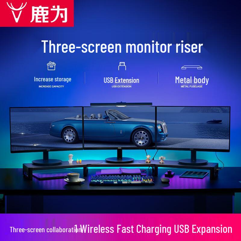 Multi-functional Triple Monitor Stand with USB & Wireless Charging