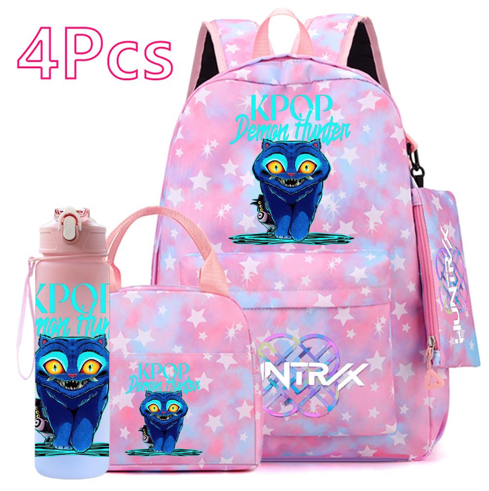 4Pcs/set Anime Cute K-POP Printed Backpack Large Capacity Bookbag HandBag Case Bag with 750ml Water Bottler Boy Girl SchoolBag Waterproof Mochila