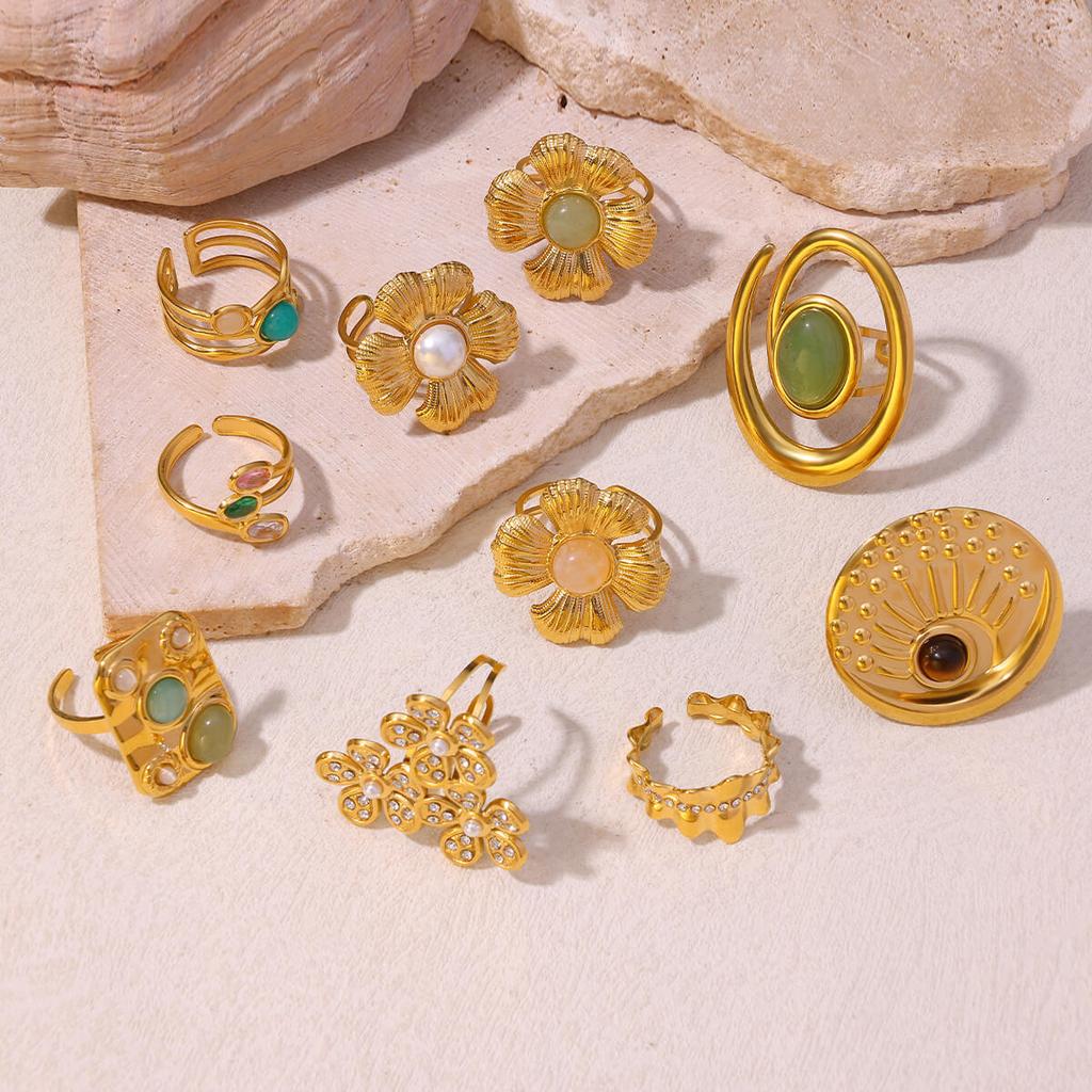 Vintage Green Stone Open Stainless Steel Rings For Women Fashion Gold Color Flower Zircon Ring Jewelry Aesthetic Anillos Gift