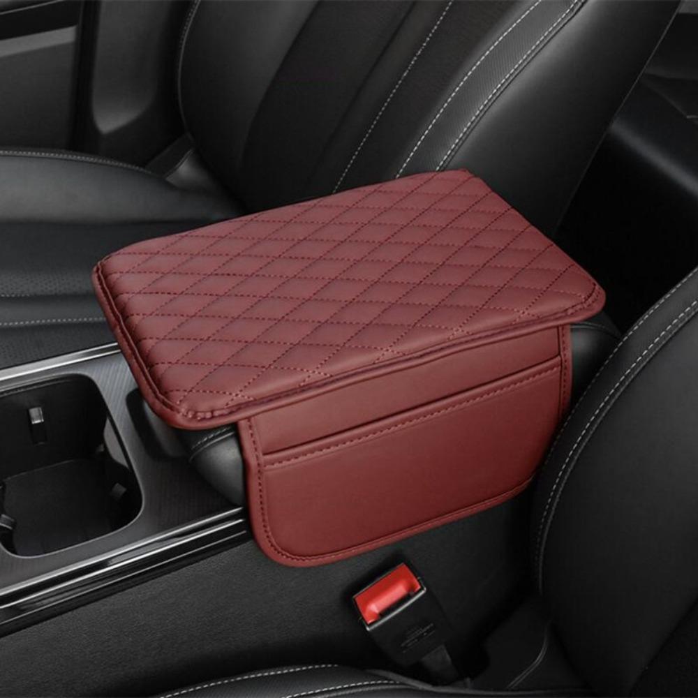 PU Leather Car Armrest Box Cushion Embroidery Universal Center Console Protector Cover with Pocket Multifunctional
