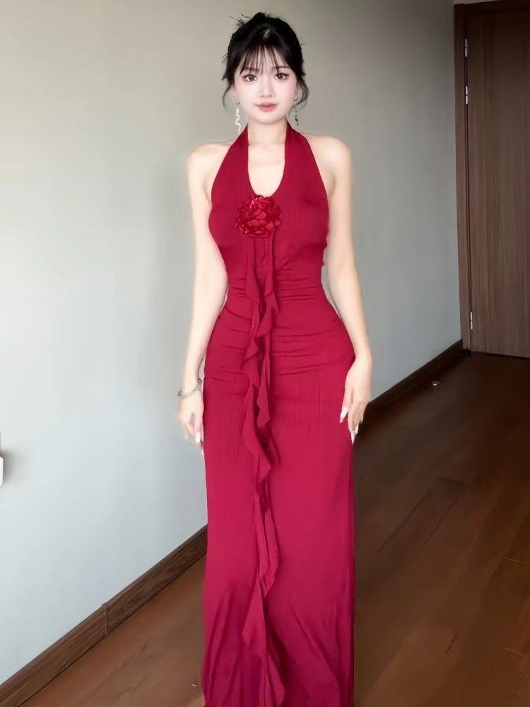 French summer temperament new celebrity red flower thin dress slim dress waist skirt women