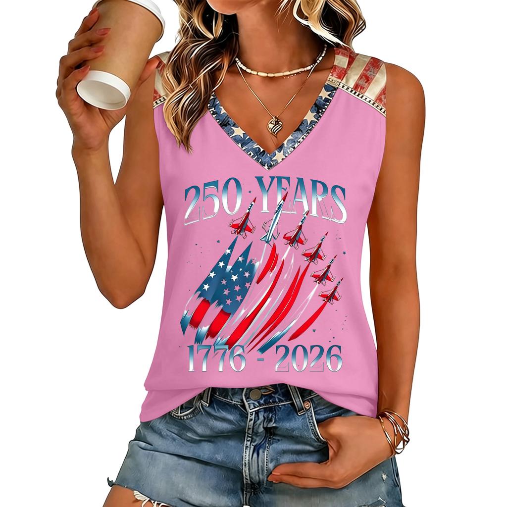 Womens V Neck Casual Short Sleeve Top with 250 Years 1776 2026 Letter Print Loose Fit Lightweight T Shirt for Summer Daily Wear