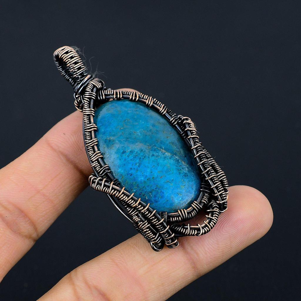 Neon Blue Apatite Gemstone Pendant 999 Copper Wire Wrapped Jewelry, Handmade Antique Pendant Jewelry, Gift For Mother