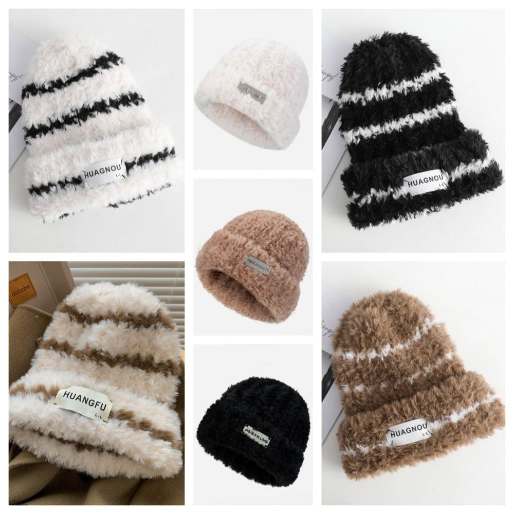 Warm Plush Pullover Hat Plush Winter Cap Fashion Stripe Hat  Safety Helmet
