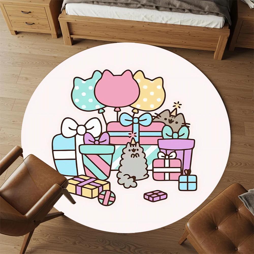 1pc Pusheen Party Round Chair mat Area Rug - Non-Slip, Floor Mat for Office, Bedroom, home decor Christmas Gift p0811238