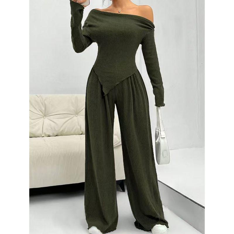 

Fashion Wind New Arrival Casual Micro Oblique Shoulder Tops Loose Pants Suit Top and Wide Leg Pants Set Green M