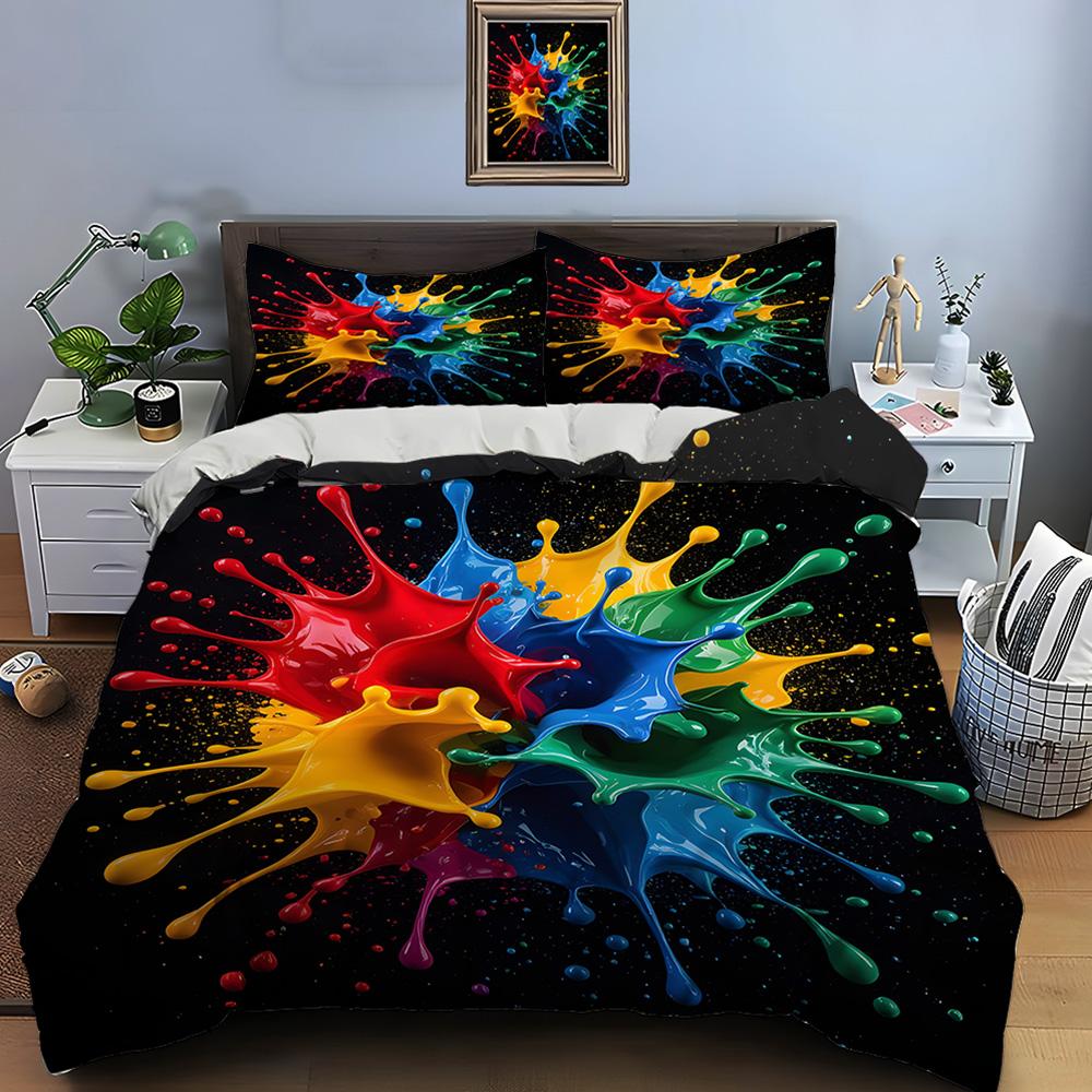 Colorful Paint Splash Artwork Bedding Set For Kids Luxury Gift 3Pcs Digital Print Comforter Set Soft Comfortable Breathable