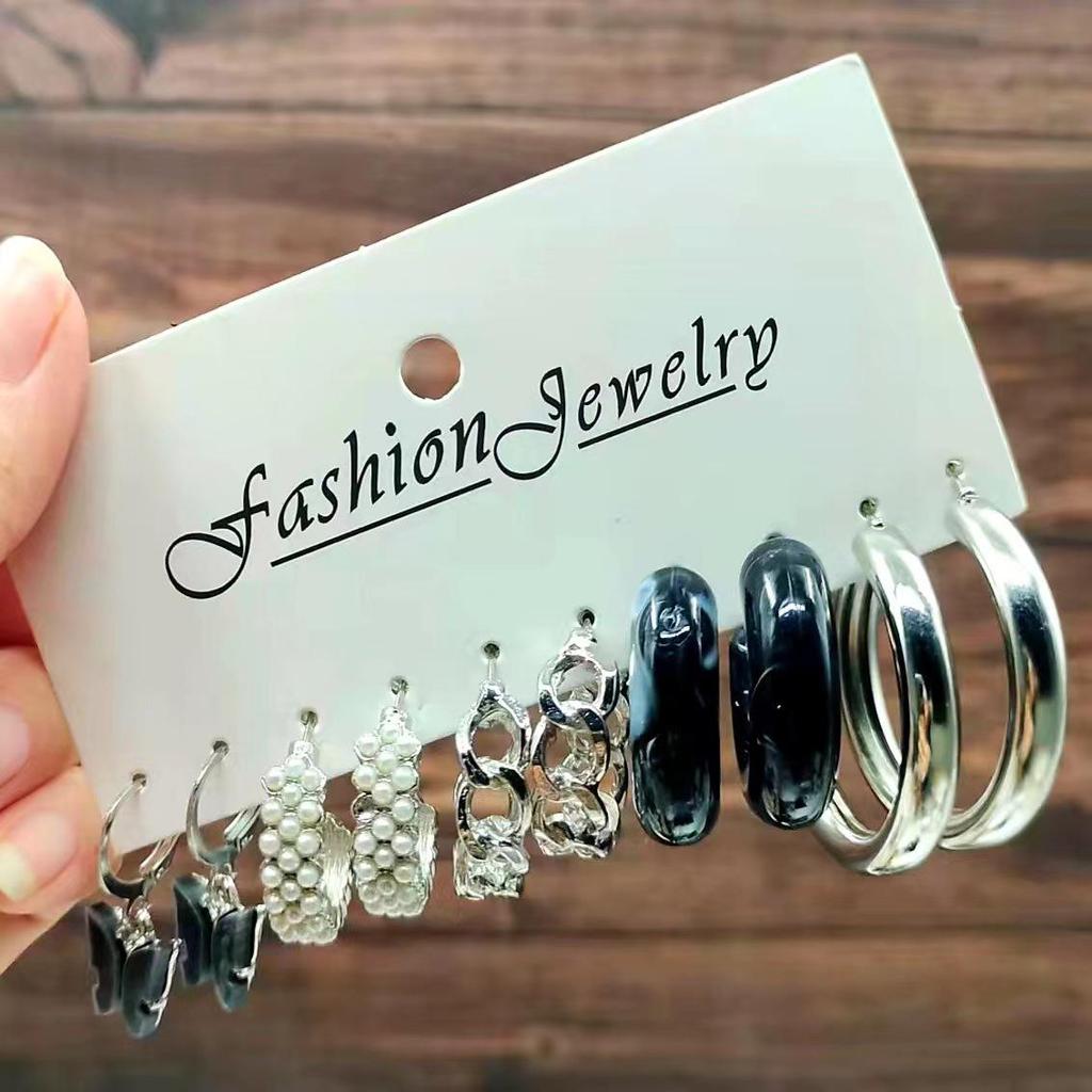 French Retro Pearl Circle Stud Earring Set - 6 Pieces for Women