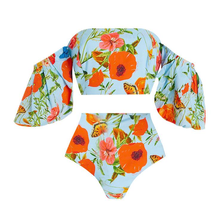 tube top bubble sleeves floral high waist split swimsuit women s foreign trade swimsuit 8 S
