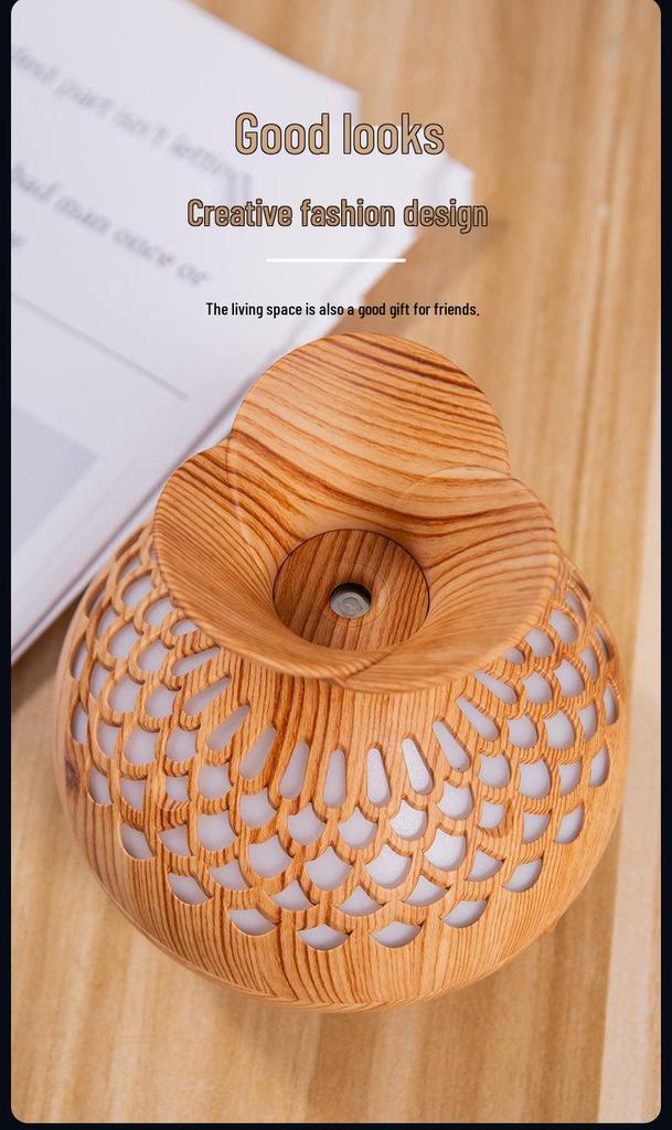 USB Wood Grain Flower Vase Humidifier: Silent Aroma Diffuser with Colorful Night Light for Home and Office