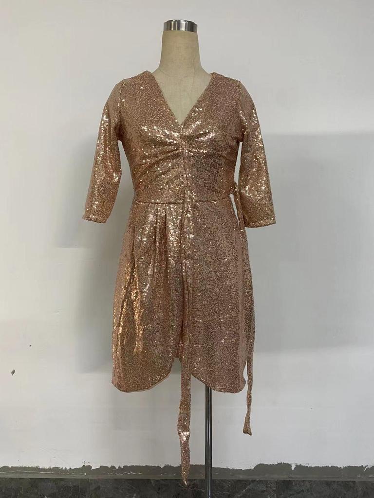 Sexy Long-Sleeve Sequin V-Neck Tie-Up Dress