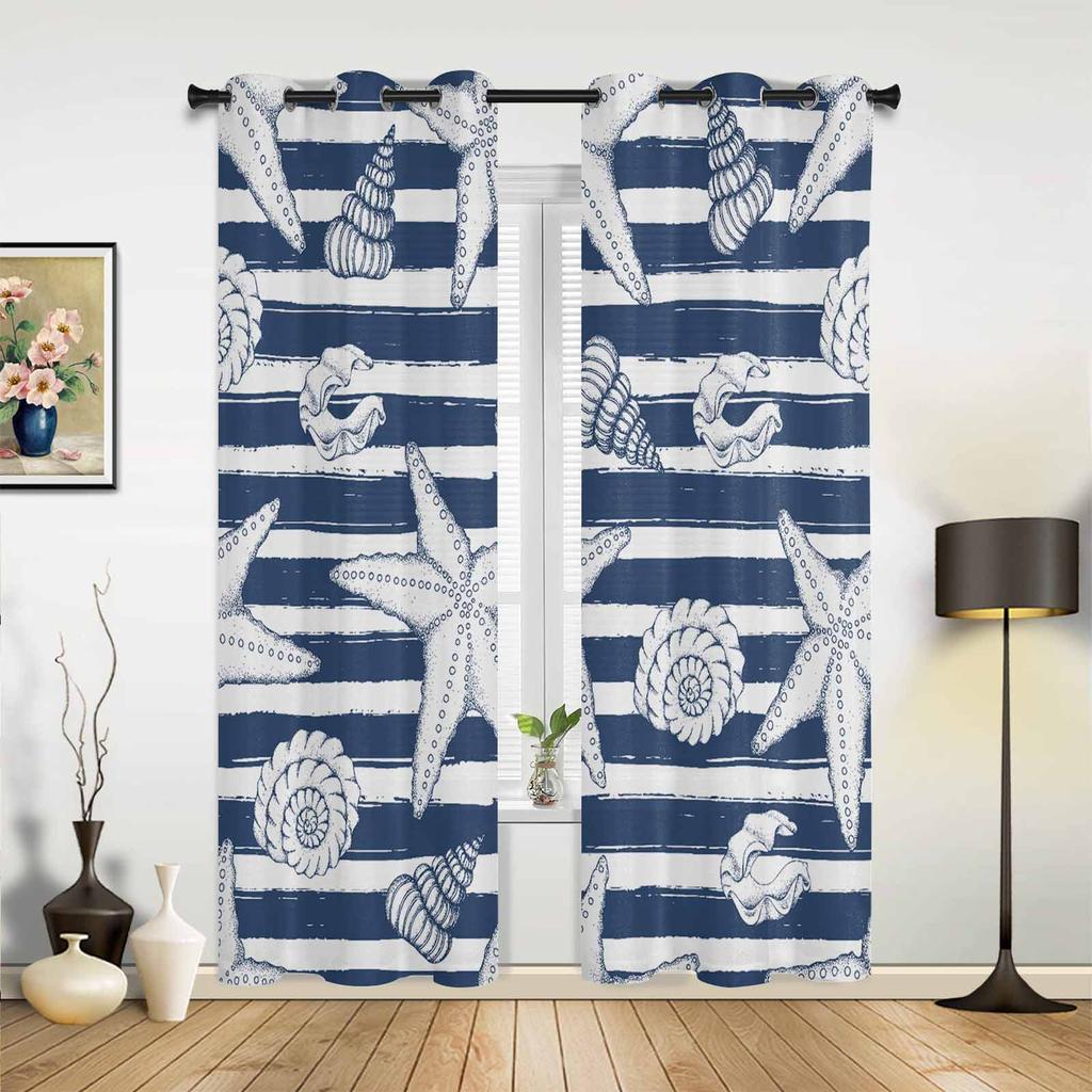 Conch Starfish Shell Stripes Texture Window Curtains for Living Room Bedroom Curtain Modern Kitchen Blinds Drapes Curtains