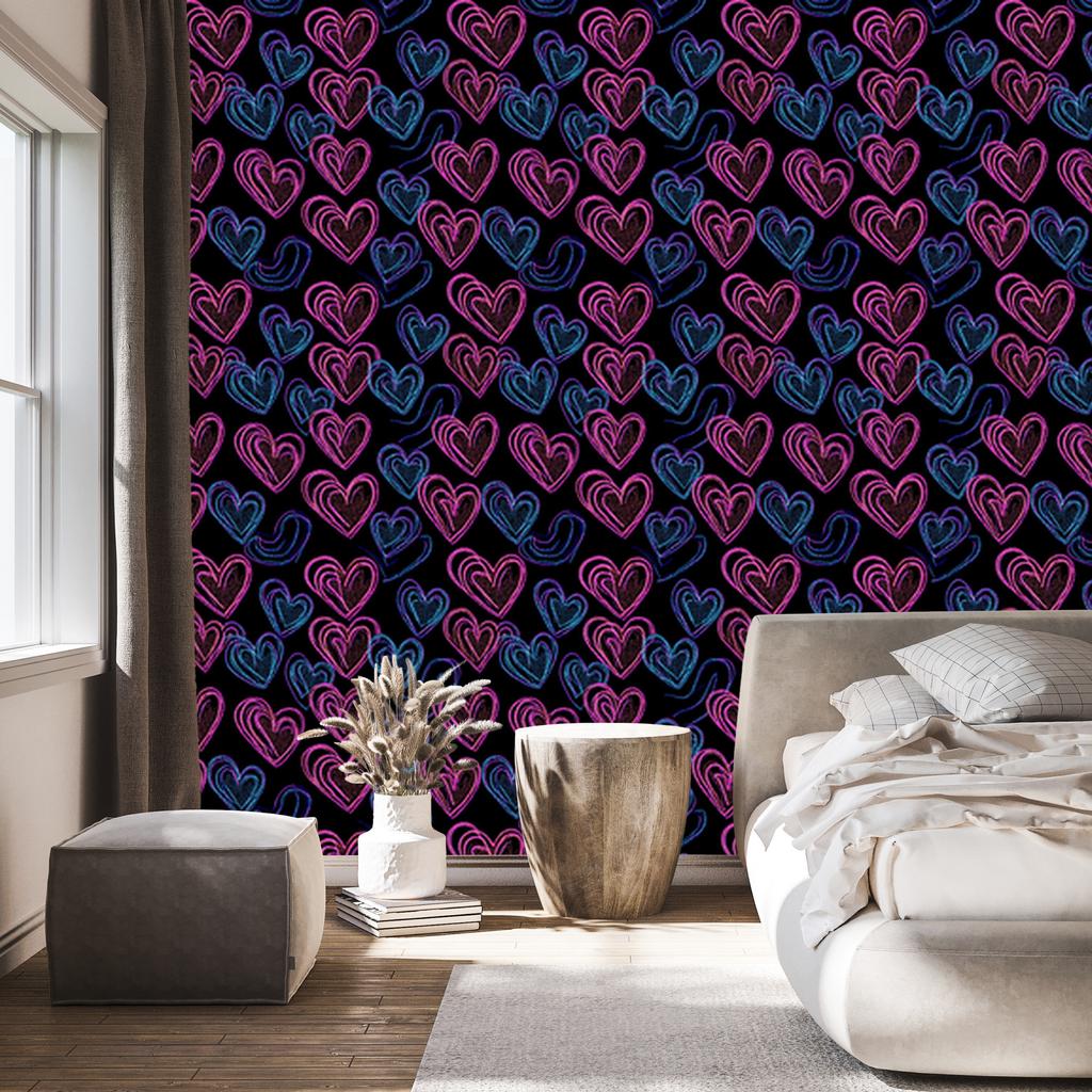 Neon Glitter Hearts Wallpaper Black and Navy Blue 50x1000