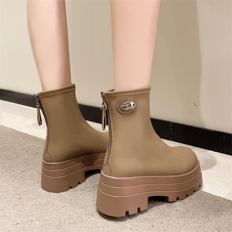 Chelsea Short Boots For Women Round Toe Thick Sole High Heels Winter Motorcycle Punk Elastic Ladies Boots
