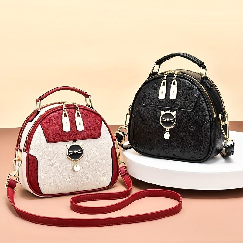Geometric Embossed Crossbody Bag, Small Color Contrast Handbag, Cute Cat Dome Shoulder Purse