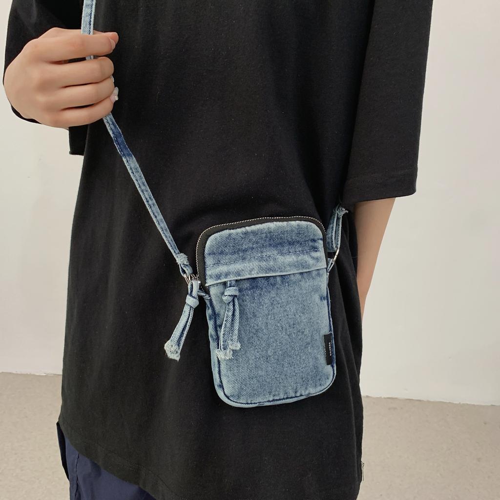 Japanese denim mobile phone bag zipper small bag casual retro shoulder messenger bag bag female
