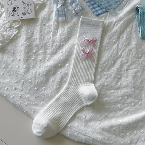 Ballet Style Solid Color Bow Mid Tube Socks Summer Cotton Lightweight Breathable Fashionable Soft Comfortable Casual Women Socks