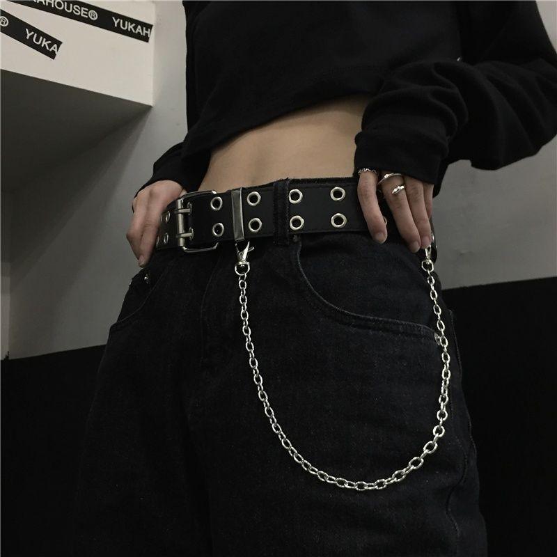 Black Versatile Womens Belt With Stylish Double Buckle And Metal Embellishment Chain