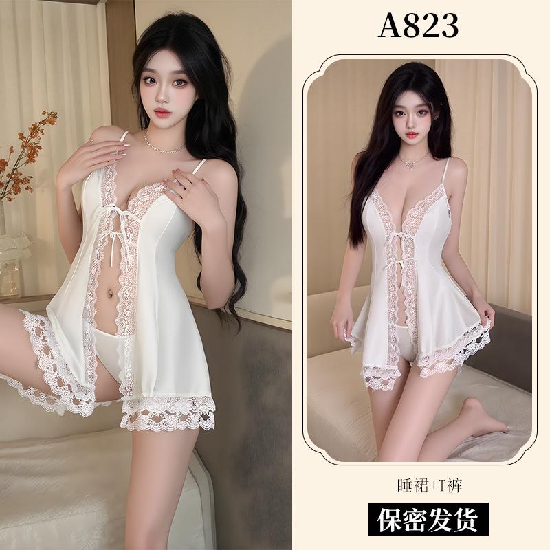 Sexy lingerie sexy lace seduction nightgown front open large size lace-up pajamas women's free uniform A