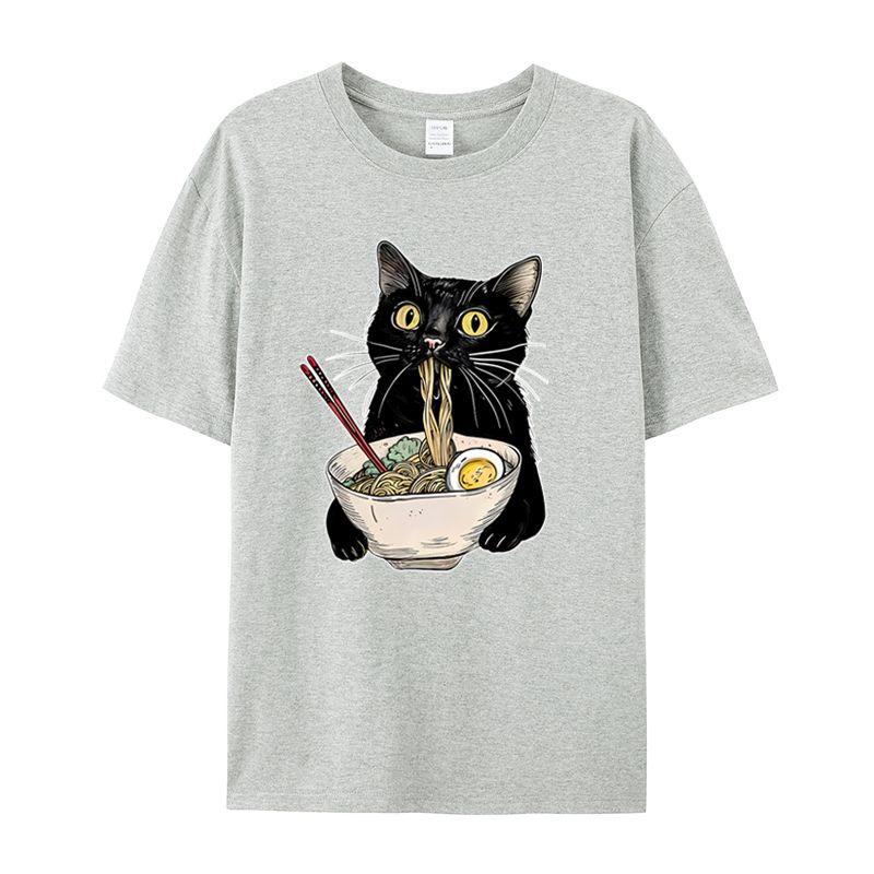 Cat Eats Noodles Pattern Print Men's T-Shirt Summer Vintage Kawaii Men's and Women's Surfing Beach T-Shirt Breathable Casual Top