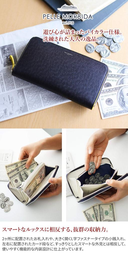 Pelle Morbida Long Wallet, Navy x Ivory, BA311BI-NVIV