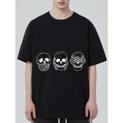 Übergroßes T-Shirt Schwarz Grafikdruck mit drei Schädeln Streetwear-Mode Freizeitkleidung