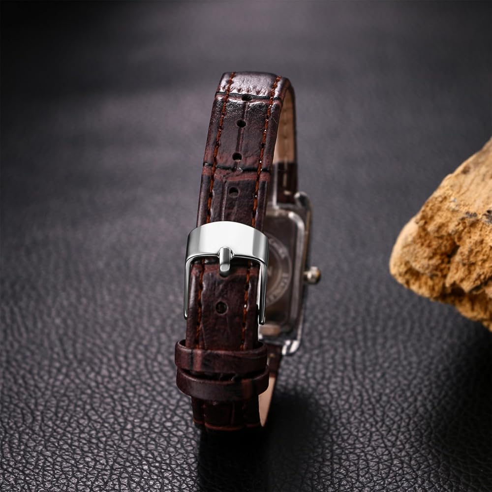 "Women's Waterproof Square Dial Quartz Watch Brown Strap Silver Case Simple Design"