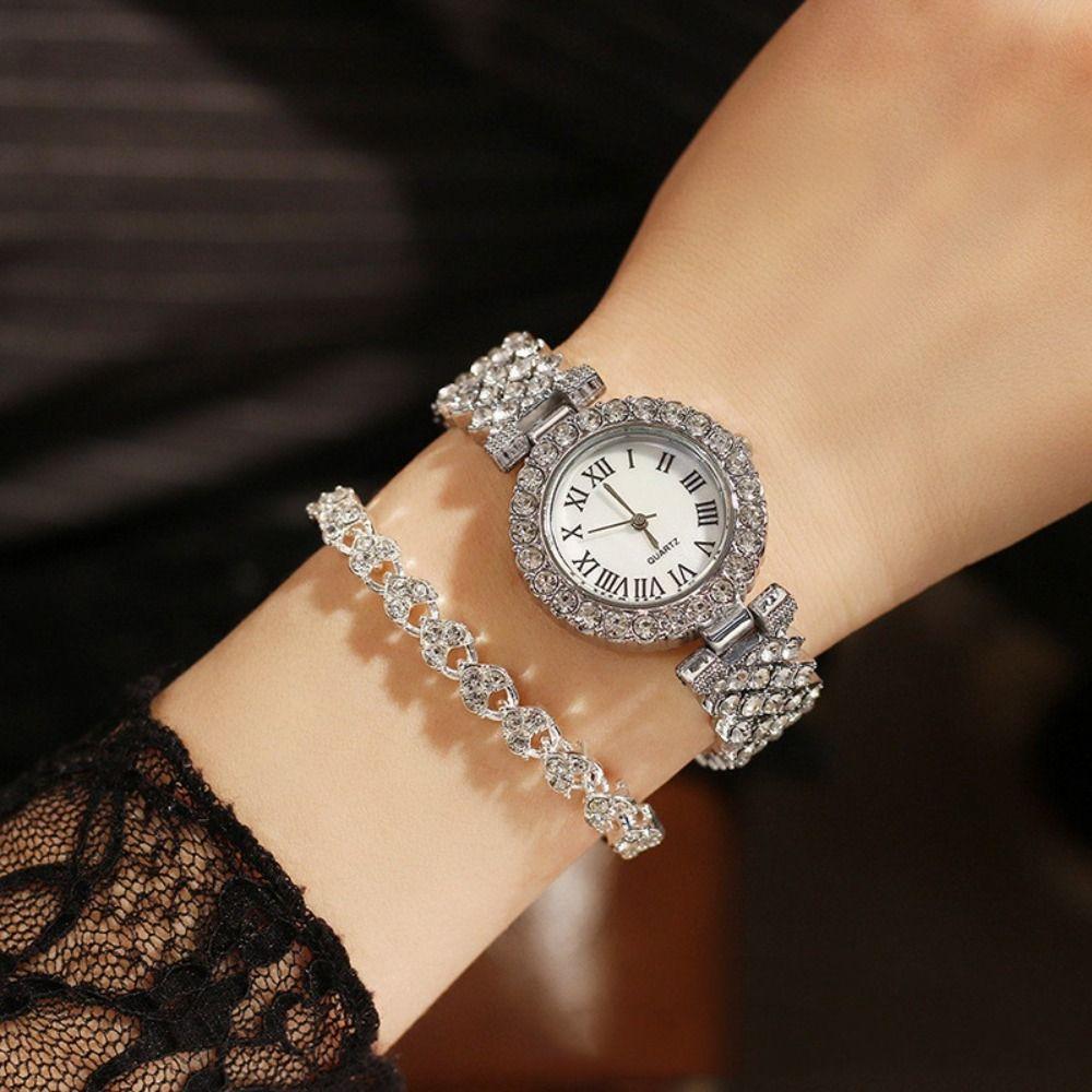 Elegant Women's Wristwatch Silver Watch Bracelet Set Trendy Rose Gold Watch Festival Gift